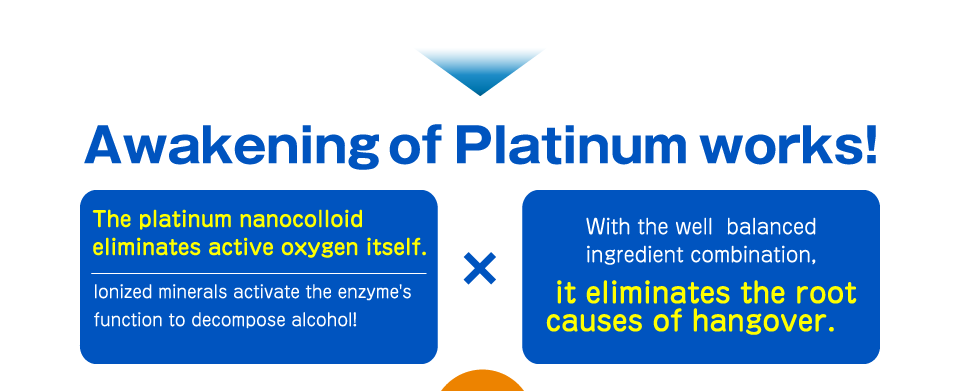 The platinum nanocolloid eliminates active oxygen itself.With the well  balanced ingredient combination, it eliminates the root causes of hangover.