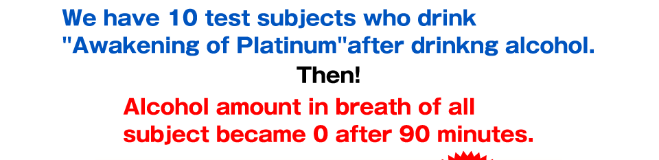 We have 10 test subjects who drink Awakening of Platinum after drinkng alcohol.Then,Alcohol amount in breath of all subject  became 0 after 90 minutes.